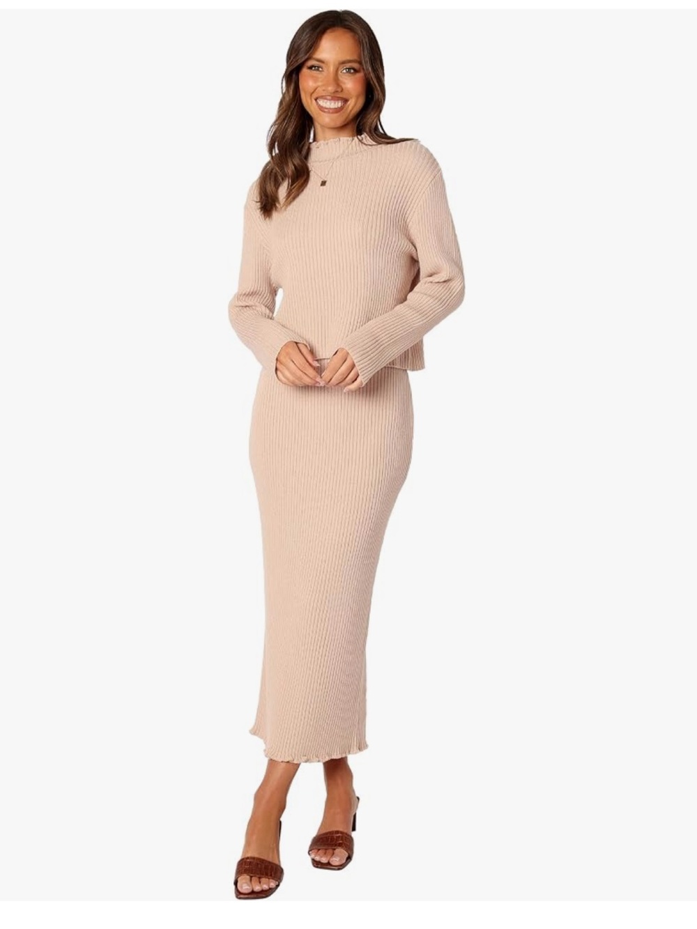 NWT Petal & Pup Ribbed Knit Maxi Skirt Set - Mocha , M